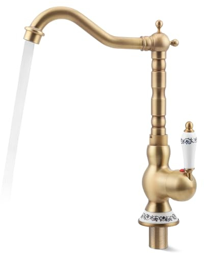 Grifo Monomando para Lavabo de Cobre Bronce Envejecido, Estilo Vintage, con Giro 360°, Válvula Cerámica, Incluye 2 Mangueras de 58cm, Agua Fría y Caliente, Ahorro de Agua - Ideal para Baño y Cocina