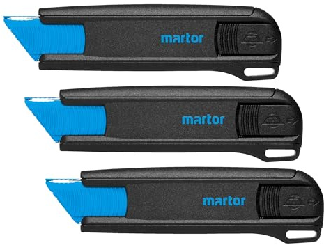 MARTOR Cuchillos de seguridad con retracción de hoja, SECUNORM 175, Cuchillo para cartón, pequeño, plástico, Para diestros y zurdos (Paquete de 3)
