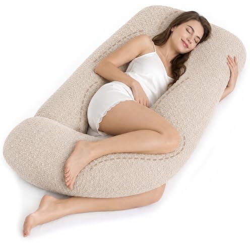 Schwangerschaftskissen J-Form, Stillkissen Seitenschläferkissen mit Verstellbarer Füllung, abnehmbar Bezug, Lagerungskissen für Schwangerschaft & Stillzeit ekmTRADE (82 - Bouclé Beige, Kissen + Bezug)