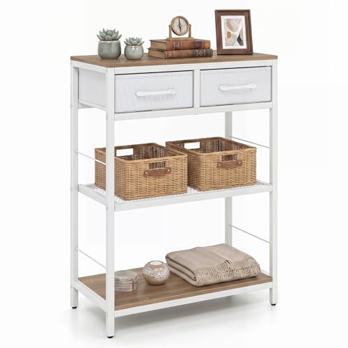 COSTWAY smalt konsolbord med 2 tyglådor och hyllor (natur) | Entrébord med metallram, soffbord bakom soffan, hallbord sidobord för vardagsrum, 60 x 30 x 81 cm
