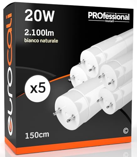 Eurocali 5x Tubi LED 150cm G13 T8 20W 2100 lumen - Luce Bianco Naturale 4000K - Fascio Luminoso 160° - Sostituzione Neon