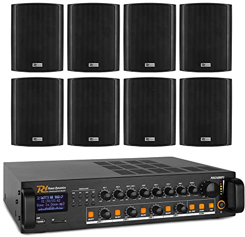 Power Dynamics Bluetooth Background Music System Kit with Amplifier and 8 Weatherproof Black Wall Mount Speakers – 240W 4-Zone Audio Mixer, Outdoor Garden Terrace PA Bundle, Complete with Cable