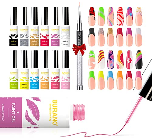 BURANO Vernice Gel per Nails Art, 12 Colori Gel Nail Art Liner con Pennello Unghie, Smalto Gel Vernice Pots Linea Art Gel UV Lampada LED Required 04