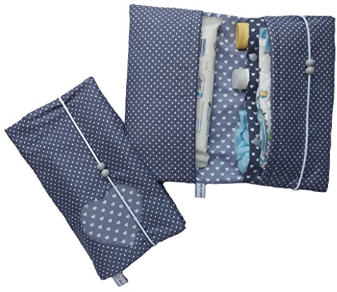 die-kreative-fee Handmade Windeltasche Stoff 4 Fächer Windelorganizer | mit Elastikkordel, geöffnet ca. 33x27 cm, ideal für unterwegs, Herzapplikation auf grauen Pünktchen