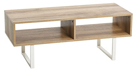 Household Essentials Jamestown TV Stand Coffee Table with Rectangular Storage Compartments Coastal Oak Rustic Wood Grain and White Metal