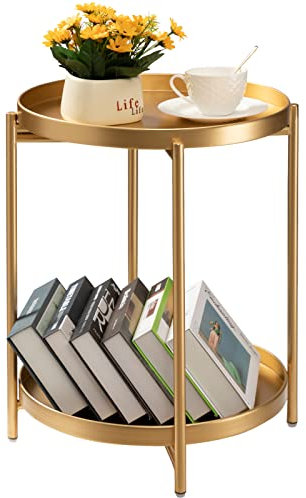 TeoKJ 2 Tier Gold Side Table, Folding Round Metal End Table Small Nightstand with Two Removable Tray for Bedroom Living Room Small Spaces Bedside Gold