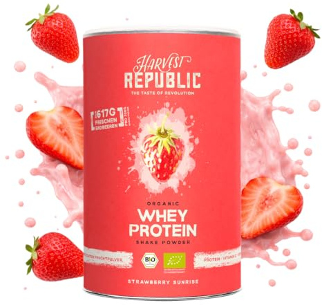 HARVEST REPUBLIC Bio Whey Protein Pulver Erdbeere mit 100% echtem Fruchtpulver | 320 g Bio Proteinpulver verfeinert mit gefriergetrockneten Früchten | bis zu 18 g Protein pro Portion