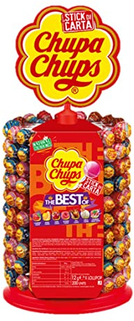 Chupa Chups Ruota, Lollipop, Gusti Assortiti, Fragola, Ciliegia, Arancia, Lampone, Vaniglia, Cola, Panna Fragola, Confezione da 200 Lecca Lecca Monoporzione, Idea Regalo per Compleanni e Feste
