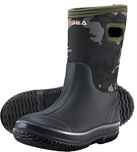 HISEA Kids Rain Boots for Boys Girls, Waterproof Insulated Rubber Neoprene Boots, Seamless Outdoor Boot with Handles Rainboots All Weather Mud Boots for Rain Water Snow and Winter, Size 3LK Green Camo