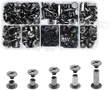 JINTANG 100 Satz Chicago Buchschrauben,4/6/8/10/15mm Binding Schrauben kit | 5 Größen Chicago schrauben Nägel Nieten Chicago Button für DIY Leder Dekoration,Bookbinding,Gürtel,Schwarz
