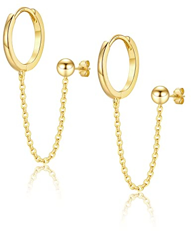 Creolen Silber 925 für Damen, Doppel Piercing Ohrstecker Creolen mit Hängender Kette | Ohrringe Gold mit Zirkonia Silber Schmuck Huggie Creolen Geschenke für Frauen Mädchen Herren