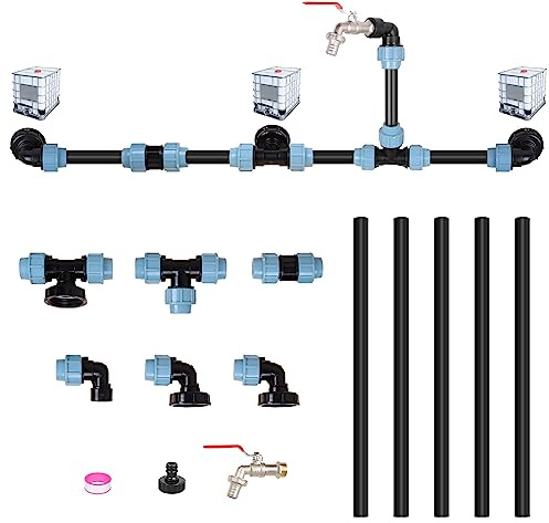 IBC Verbindungssets, IBC Adapter Verbindungsset für 3 IBC Tanks Nebeneinander/Regentanks inkl. 3/4 Schwananhals Garten Wasserhahn Auslass Schlauchverschraubung Regentonnenschlauch
