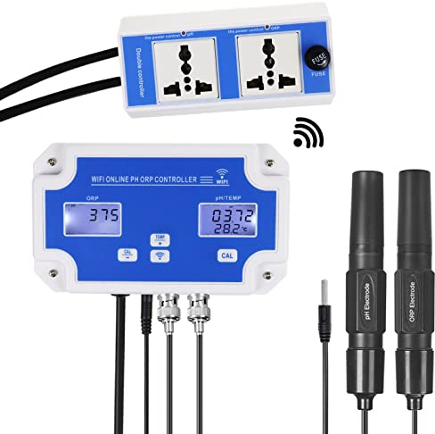 WLAN-pH- und ORP-Controller für Aquarien (3-in-1-Messung von pH, ORP und Temperatur) mit Doppelsteckdose für CO2-Flasche und Ozon-Generator – geeignet für Hydrokulturen