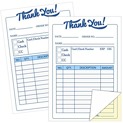 Thank You Receipt Book,3.4x5.5 Inch Order Forms Pad,Invoice Book for Small Business, 2 Part Carbonless, Invoice Pad,50 Sets