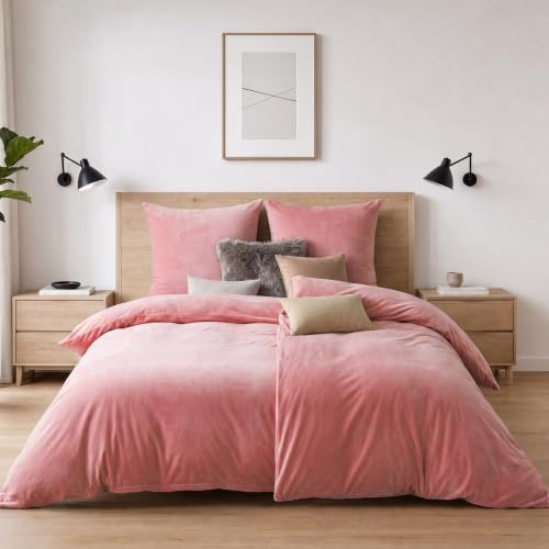 Soifox vinter flanell sängkläder 200 x 200 – rosa fluffig och varm kashmir touch påslakan + örngott 80 x 80 cm med dragkedja