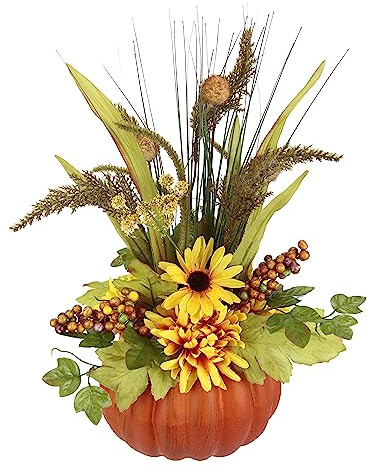 Flair Flower Arrangement mit künstlichen Blumen Dahlien Beeren Gräsern im Kürbis Kunstblumen Dekoblumen Herbstdeko Herbstblumen Seidenblumen Gesteck Tischdeko, 40 cm