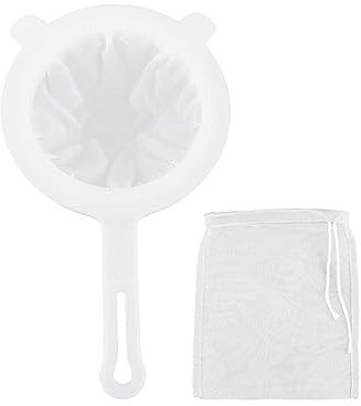 NHBETYS Ultra-Fine Mesh Strainer + Nylon Filter Bag, Mesh Plastic Tea Strainer with Hanging Hole Handle, Reusable Kitchen Sieve Strainer for Soy Milk/Juice/Tea Coffee/Nutmilk(White)