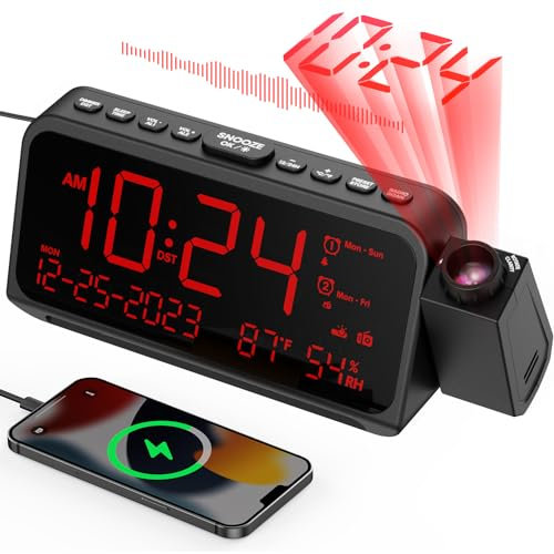 Projection Alarm Clock for Bedroom Ceiling, Digital Clock with 270° Projector, FM Radio, Weekday/Weekend Mode, Date, Temperature, Humidity, Type-C & USB Charger, Snooze, Dual Alarms, Battery Backup