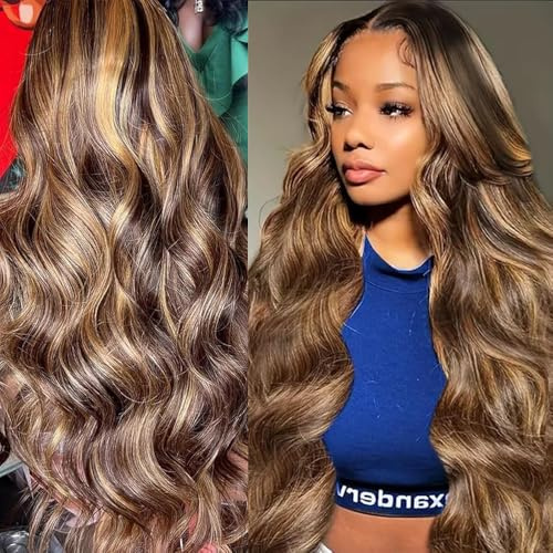 Body Lace human hair 28 inch 13x4 Lace Front Wigs Curly Wig For Black Women | Body Wave Lace Front Wigs For Black Women Brazilian Virgin Hair With Baby Hair Machine Made Wigs Blonde #4/27 150% Density