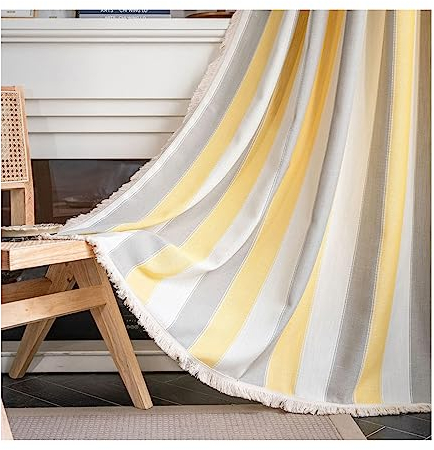 Epinki Gardine Vorhang Vintage Ösen 132x160cm(BxH), Streifen Weiß Bart Gelb Grau Vorhang UV Schutz aus Baumwolle für alle Fenster und Jahreszeiten