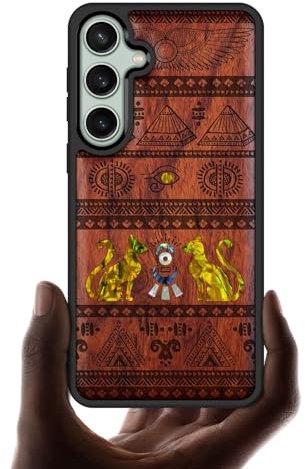 Carveit Designer Wooden Case for Samsung Galaxy S23 FE Case Cover [Wood Engraving & Shell Inlay] Compatible with Wireless Chargers S23 FE Case (The Symbols of Egypt-Red Wood)