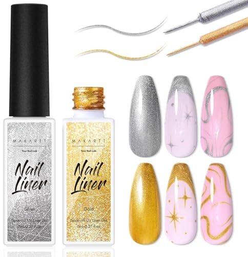 Makartt Gel Liner Nail Polish Set, Silver Gold Metallic Nail Art Gel 2x8ml | Silver Gold Gel Liner Nail Polish With Fine Brush For Metallic Nail Art Designs, Chrome Lines & Detailed UV/LED Gel Manicures