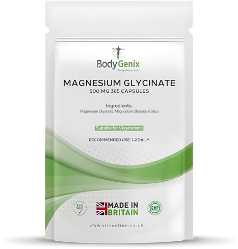 Bodygenix Magnesium Glycinate Capsules - 500mg Anti Inflammatory Improved Sleep Enhanced Mood Energy Muscle Support Bone Health Natural Supplement - 365 Caps 12 Month Supply