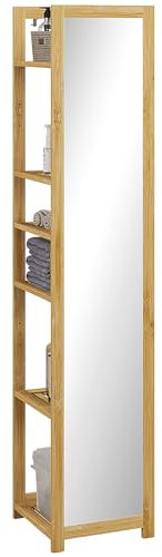 HOMCOM Specchio da Terra con Specchio e 6 Ripiani a Doghe, Mobile Specchiera Bagno in Bambù, 35x35x168cm, Colore Legno