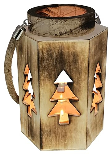Bambelaa! Christmas Motif Lantern Vintage with Rope Handle Made of Wood Glass Insert Decorative Lantern Indoor and Outdoor for Home Garden Rustic Wooden Lantern Candle Holder Approx. 14 x 16 x 23 cm