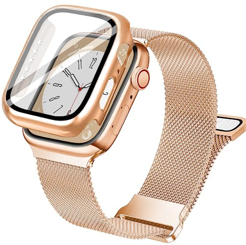 Vamyzji Compatible With Apple Watch Strap and Case 42mm 46mm 40mm 44mm 41mm 45mm, Adjustable Dual Magnetic Milanese Mesh Metal iWatch Strap for Series 11 10 9 8 7 6 5 4 SE SE2 SE3