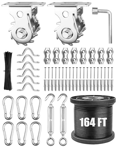 DEFUNX String Light Wire Hanging kit 164 Ft Vinyl Coated Cable and Winch 304 Stainless Steel Rope Shade Sail Hardware Kit Bistro Globe String Lights Decorations Suspension