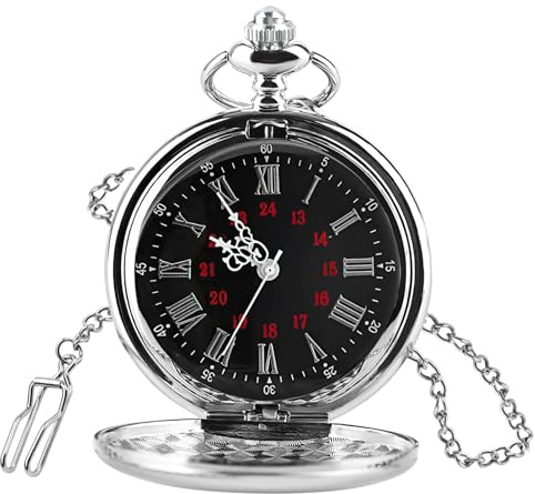 JUGCUT Pocket Watch for Men, Silver Engraved Quartz Watch with Black Dial, Roman Numerals, Chain & Clip for Gentlemen, Suit, Waistcoat, Wedding, Birthday, Anniversary, Father’s Day Gift Box Included