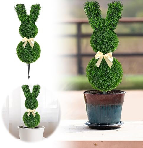 70cm Künstlicher Hase Gartenstecker 3D Bunny Topiary Hasenformschnitt mit Schleife Buchsbaum Osterdekoration für Draußen,Gartendekoration, Ostern Deko (01 Grün)