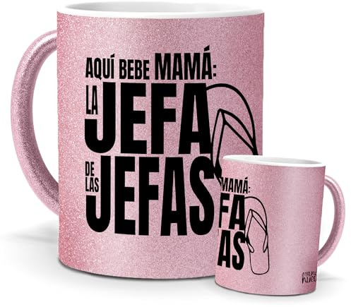 mundohuevo Taza AQUÍ BEBE LA JEFA | Regalo Mamá | Edición Purpurina Rosa | Cerámica Glam Rosa | Tazas para Leche, Café, Té... | 350 ML