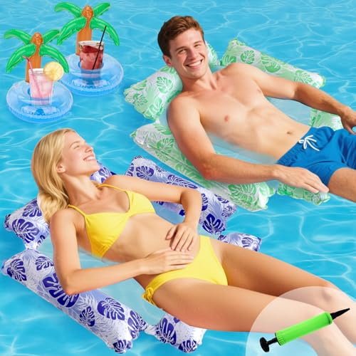 wokdsbl 2 Stück 4 In 1 Aufblasbare Wasserhängematte Erwachsene und Kinder mit Palme Getränkekühler, Komfortabler Wasserhängematte mit Netz für Strand, Pool, Urlaub