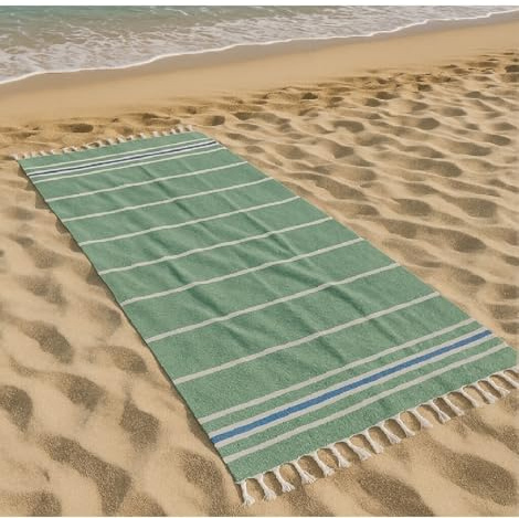 Vico Casa® Toalla de Playa Riviera Grande 90x200cm, Fouta de Playa de algodón con diseño de Rayas, por Playa, Piscina, Sauna/Verde y Azul