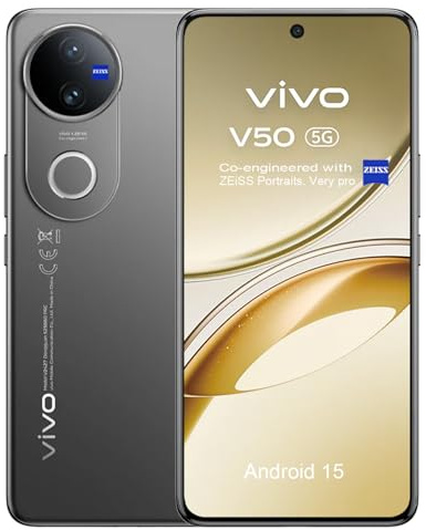 vivo V50 5G Smartphone 12GB RAM 512GB ROM, 120Hz 6.77 AMOLED, Professionelle 50+50 MP ZEISS Kameras, 4K Video, 5260 mAh Akku, Snapdragon 7 Gen 3,IP69,Dual-SIM,NFC, Android 15, Schwarz