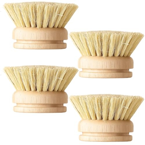 Wooden Dish Brush, 4Pcs Replacement Brush Heads for Washing Up, Natural Bamboo Dish Brushes with Soft Bristles, Cleaning Solution for Kitchen and Bathroom
