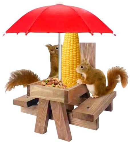 Eichhörnchen Futterhaus Wetterfest, Eichhörnchen-Futtertisch aus Holz mit Regenschirm und Maiskolbenhalter, Picknicktisch Futterstation für Garten, Draußen