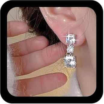 Xmsrn Boucles D 'oreilles Pendantes Carrées Cristal Boucles D 'oreilles Carrées Strass Argent Géométriques Boho Clous Pour Femmes