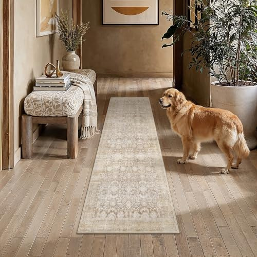 PureCozy Waschbarer Beige LäUfer Flur Teppich 60x180cm Kurzflor rutschfest | Weich Vintage Teppiche,Küchen, Hallway, Retroteppiche, Bettvorleger, Wohnzimmer, Schlafzimmer