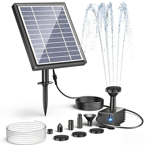 POPOSOAP Solar Water Pump For Bird Bath, 3W Outdoor Solar Water Fountain Kit with 4ft Tubing & 5 Nozzles, DIY Solar Powered Water Pump for Small Pond, Garden Water Feature, Create Your Garden Oasis