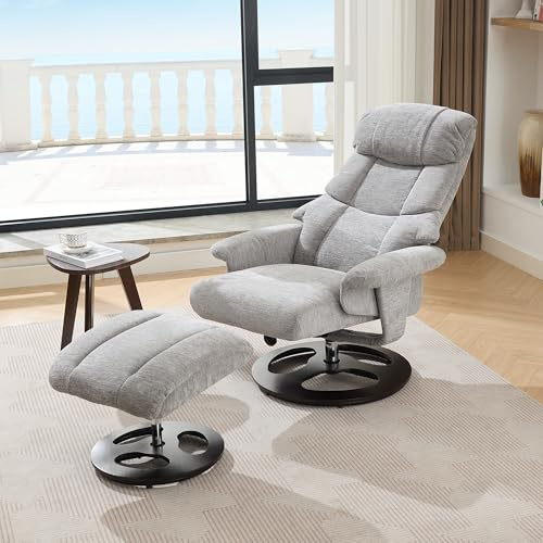LAKFEW Sillon Relax Reclinable Electrico con Reposapiés, Sillon Relax Girar 360° con Masaje y Función de Calefacción, Sillón Reclinable Butaca Sillones para el Salón, Chenilla, 81x126x111 cm, Gris