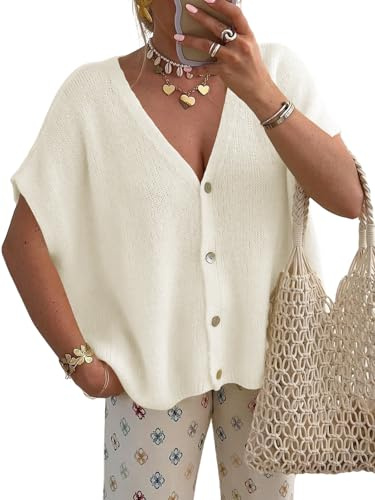 Saodimallsu Kofta Dam Kortärmad V-ringad Cardigan Oversized Fladdermusärmar Sommar Stickad Väst Enfärgad Lätt Knapplist Tröja Topp, Vit, L