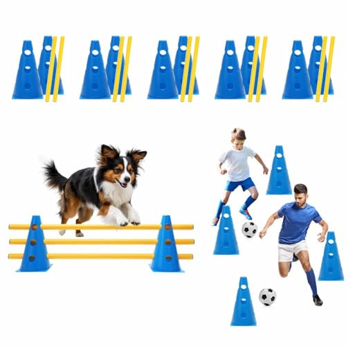 LOMUG Agility Set med hundar, 5 set sporthakar cavaletti hund barn agility hinder för hästar hundparcours koner justerbara träningshundar set med 80 cm stång och 10 hattar