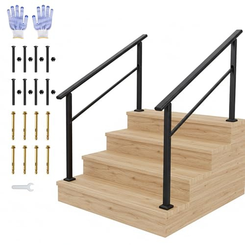 Aptliton Adjustable Outdoor Stair Handrail Kit for 1 to 4 Steps with Installation Kit,Heavy Duty Metal Banister with Anti Slip Grip,Safety Railing for Indoor Outdoor Stairs, Backyard & Balcony, Black