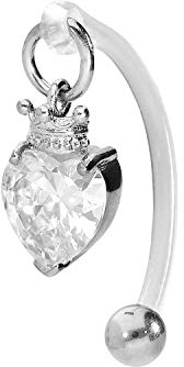 PIERCINGLINE PMFK Bananabell + Chirurgenstahl Design KRISTALLHERZ + KRONE Piercing Intimbereich Bauch Silberfarben