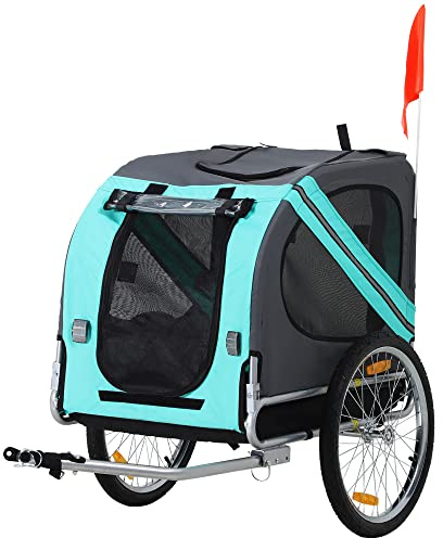 PawHut Folding Dog Bike Trailer Pet Cart Carrier for Bicycle Travel in Steel Frame with Hitch Coupler - Light Blue & Grey | Pet Cart Carrier for Bicycle, Steel Frame