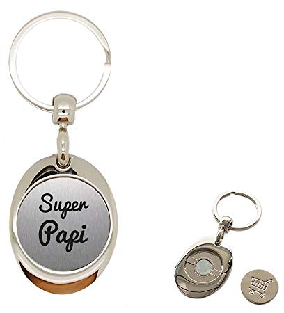 Porte clé en Métal alu brossé avec jeton aimanté gravé super papi