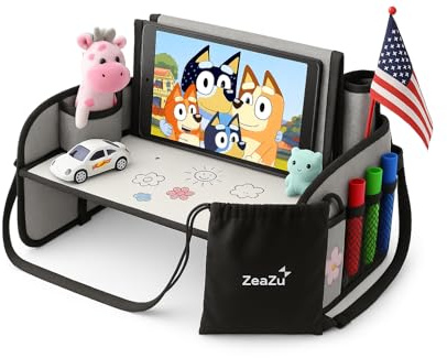ZEAZU Kids Travel Tray - Foldable Toddler Lap Desk with Dry Erase Board, Car Seat Tray for Toddler, Waterproof Lap Tray for Airplane Kids Travel Essentials for Road Trip Activities, Silver